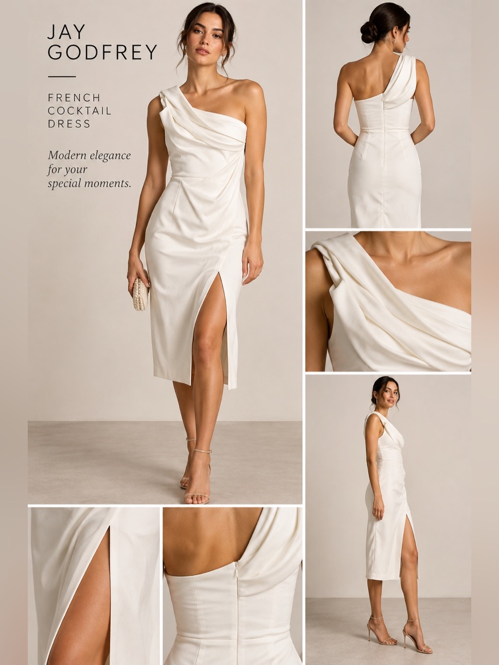 NWT Jay Godfrey Ivory One Shoulder Draped Cocktail Dress 6 $298